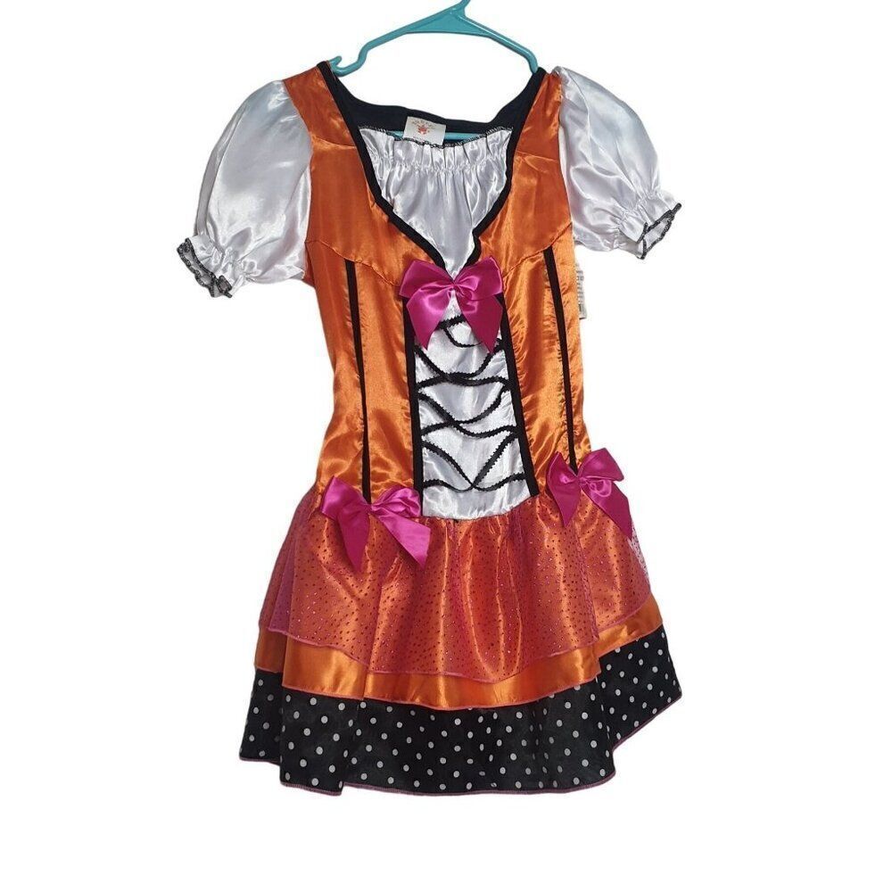 Girls Fairy Costume Dress Halloween Orange /Black Glttered Size M NEW